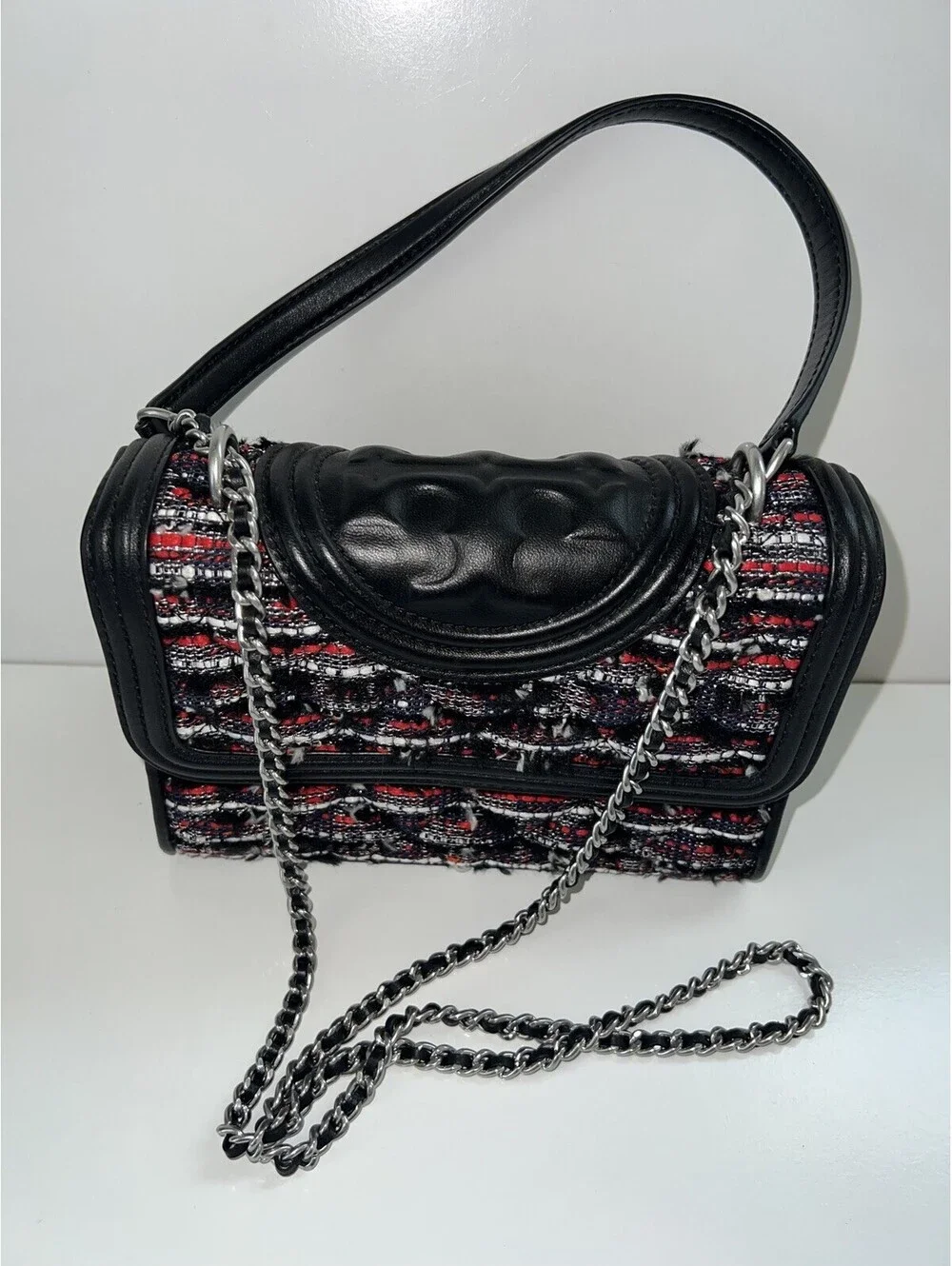 TORY BURCH Leather Logo Tweed Chain Crossbody Bag Women Black Tassel Charm
